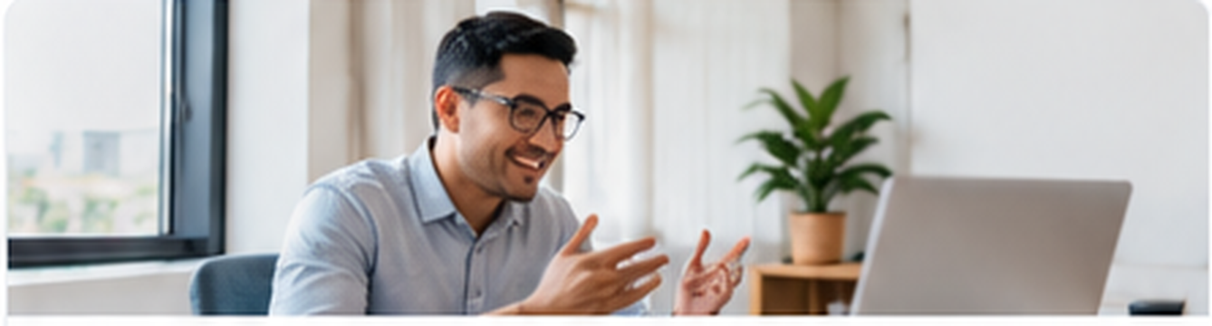 Professional speaking during a remote interview at a laptop