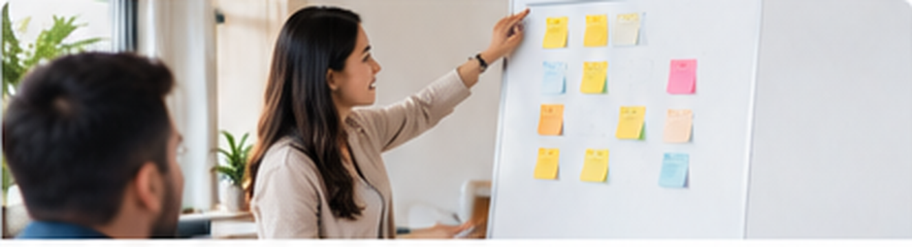 Professional organizing workflow sticky notes on a whiteboard