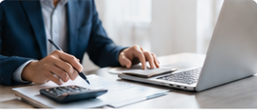 Professional reviewing expenses with calculator and laptop