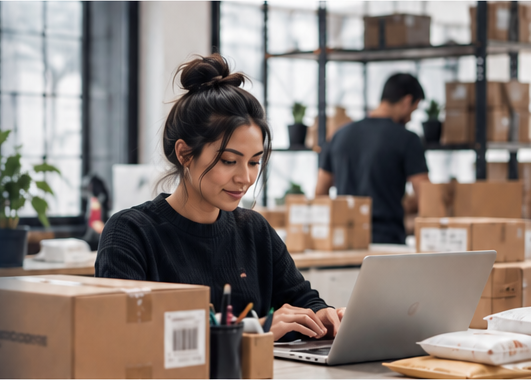 Professional working at a laptop in an e-commerce packing and fulfillment workspace.