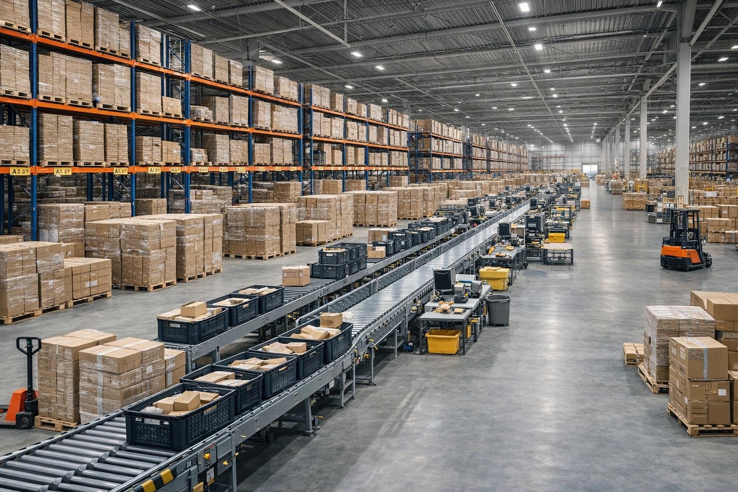 Large logistics fulfillment warehouse with storage racks, shipping cartons, and conveyor systems.