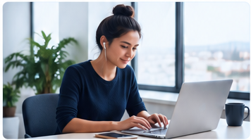 Professional working at a laptop in a bright workplace