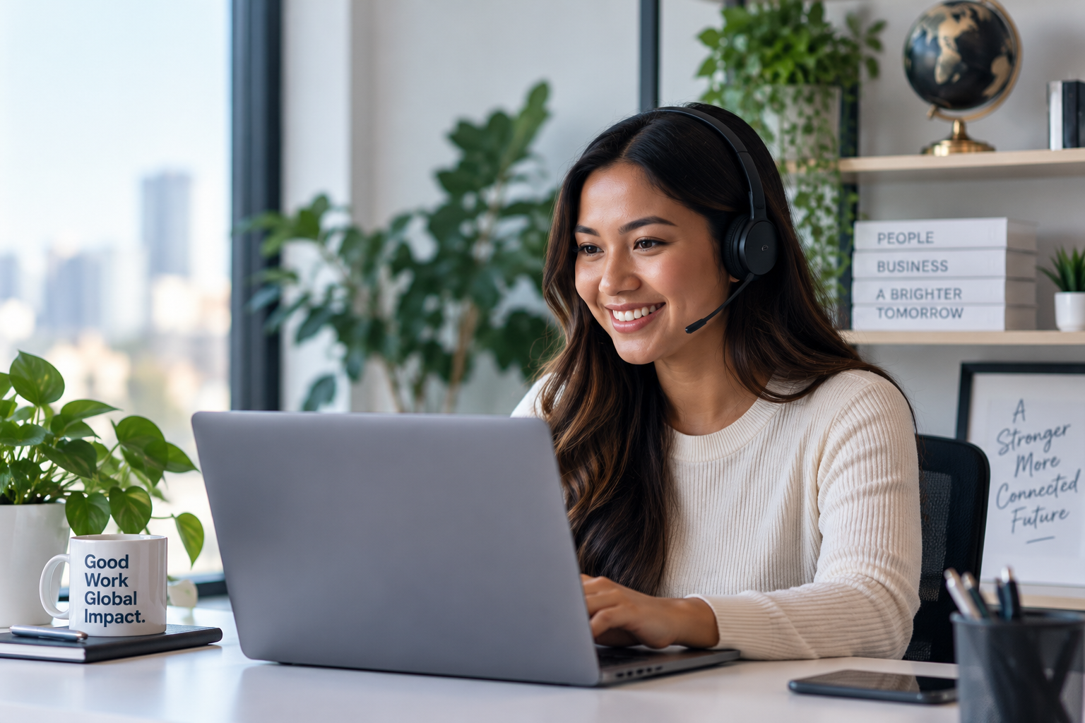 Smiling remote professional wearing a headset and working at a laptop in a bright home office